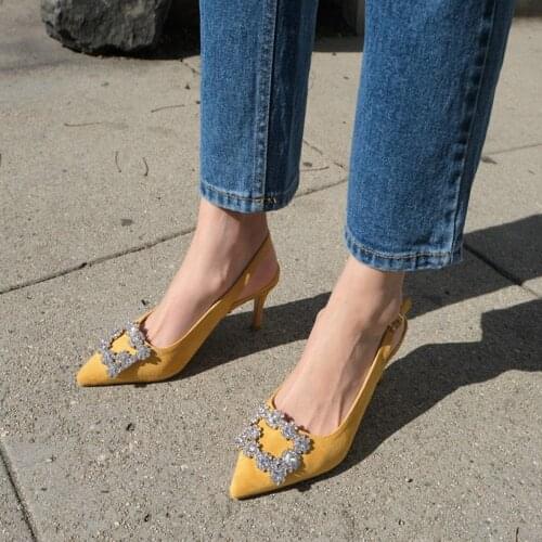 Summer New Women Pointed Toe Sandals Fashion Slingback Flock Pumps Crystal Square Buckle High Heels Lady Concise pumps Shoes