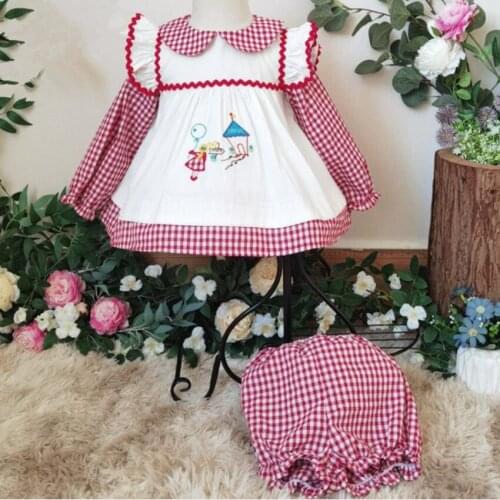 Baby girl spring autumn vintage Spanish England embroidered dress kids casual cute plaid stitchingd princess dress