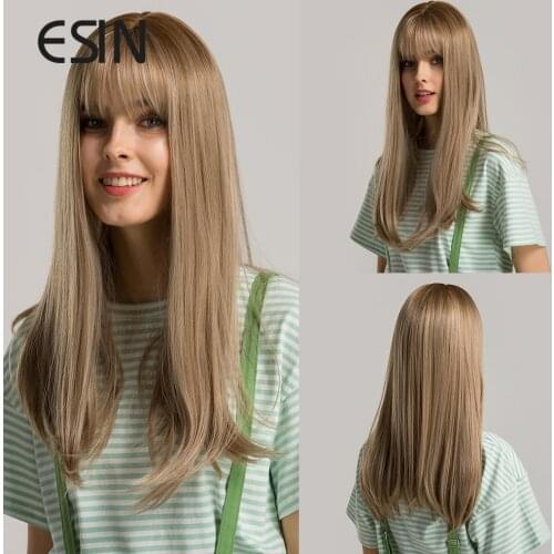 INHAIR CUBE Dark Roots Ombre Brown Synthetic Wig Long Straight Hair Wigs with Bangs Realistic Simulation Scalp Side Part