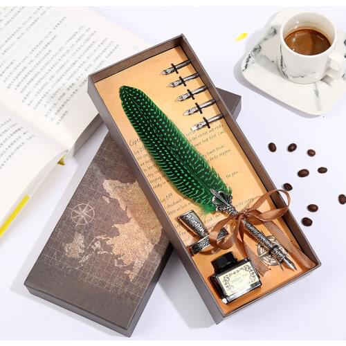 European Feather pen Student Writing Pen Stationery Gift Box Wedding Birthday Gift Quality Pen Tip Vintage Texture Pen Body