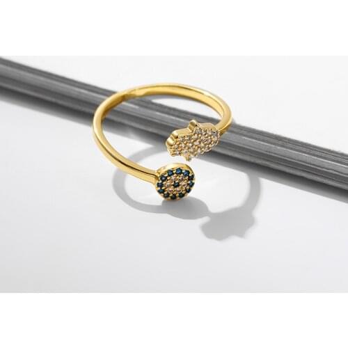 Trendy Micro Paved Cubic Zirconia Turkey Evil Eye Hamsa Hand Rings for Women Gold Metal Charm Crystal Open Ring Female Jewelry