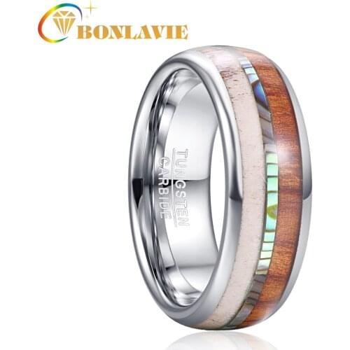 BONLAVIE Inlaid Antlers and Abalone Shell Wood Steel Color 8mm Tungsten Steel Ring Carbon Engagement Rings Men Jewellery