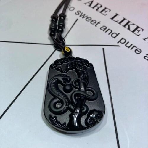 Natural obsidian Zodiac snake pendant obsidian feather snake pendant + with high-end sling