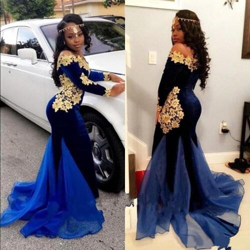 Cheap Mermaid Navy Blue Prom Dresses With Lace Gold Flower Applique Long Sleeve Formal Evening Gowns Dress Gala Party