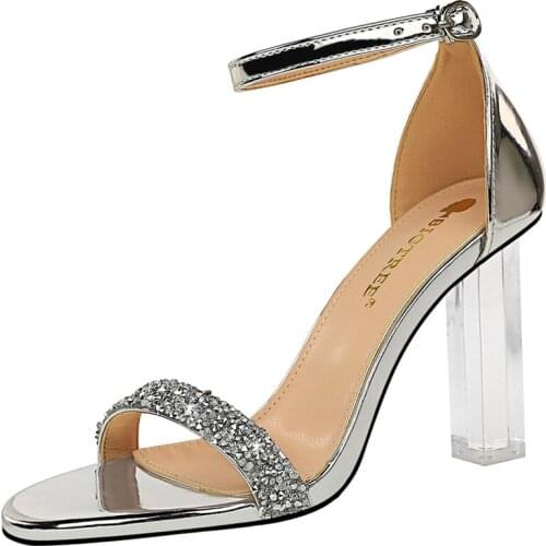 New Summer Black Crystal Sandals Square Heel 10cm Party Dress Shoes High Heels Open Toe Sexy Luxury Dance Shoes Transparent heel