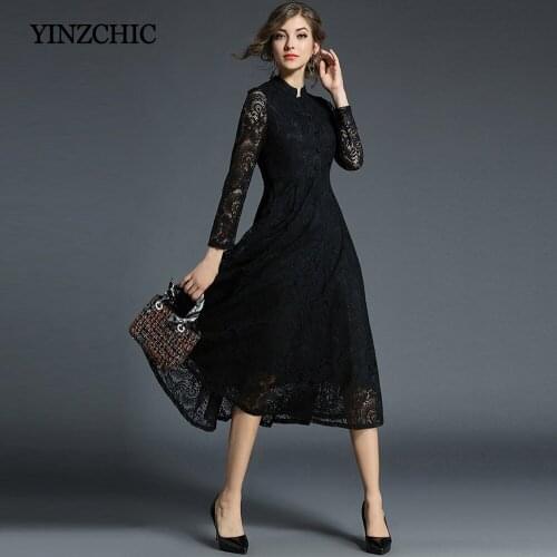 Solid Black/Khaki Woman Lace Dresses New Autumn Midi Dresses Women Party Winter Dress Elegant OL Casaul Dresses 2018
