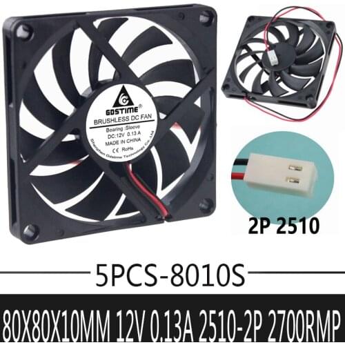 5pcs/lot Gdstime DC 8010 12V Cooler 80*80*10mm 2510-2p 8cm Sleeve Bearing 80mm×10mm Computer CPU Cooling axial Fan