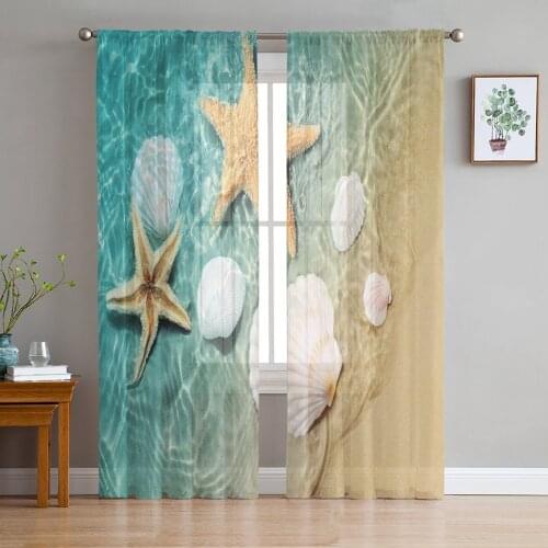Beach Sea Starfish Shells Green Modern Tulle Curtains for Living Room Bedroom Home Kitchen Window Sheer Curtains