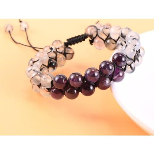 Adjustable 8mm Natural Stone Wrap Bracelets Double Woven Rope Amethysts Pink Crystal Bracelet Wristband Women Girls Jewelry