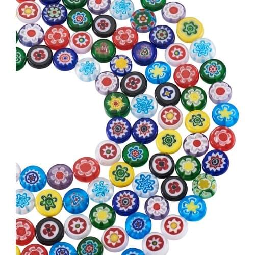 5 Strands Millefiori Glass Loose Crafts Beads Flower Patterns 12x4mm for Jewelry Accessories Bead Spacer Flat Round Mixed Color