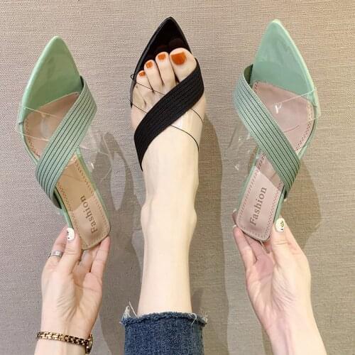 Pointed Toe High Heels Female Slippers Lady Slip On Casual Jelly Shoes Summer Women Sandals PVC Transparent Crystal Shoes Woman