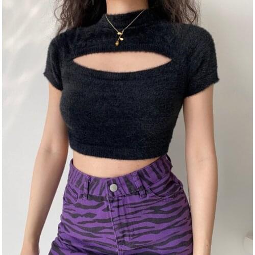 TVVOVVIN Womens Korean Version Of Slim Small Round Neck Hole Chest Candy Color Slim Short Sleeve Fashionable Mohair Knit 4E37