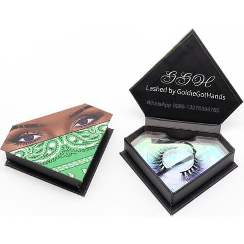 Green Bandana Diamond Eyelash Case With Tray Nature Lashes 20mm 3D Mink Lashes Wholesale Custom Lashbox Packaging With Logo