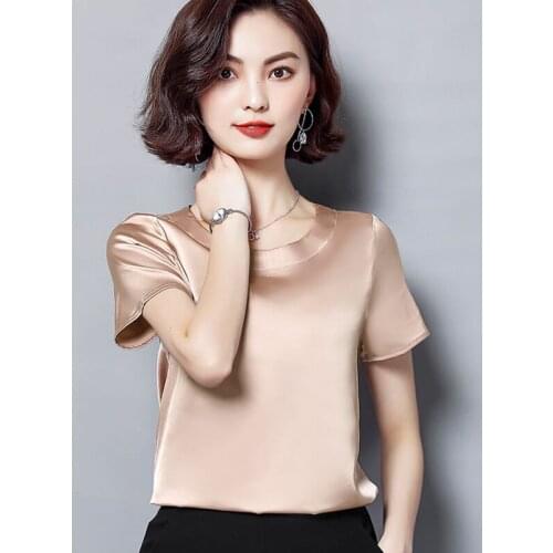 Faux Silk Women Spring Summer Style Short Sleeve Blouses Shirts Lady Casual O-Neck Plus Size Blusas Tops DD8127