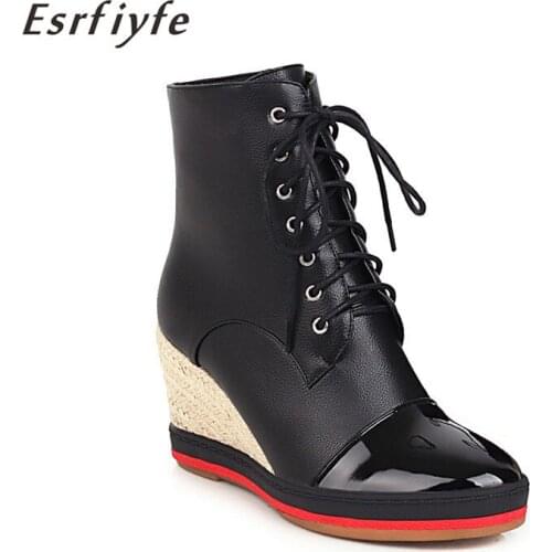 ESRFIYFE New Autumn Women Ankle Boots Ladies Microfiber Lace Up Short Boots Female Wedges Heels Round Toe Casual Woman Shoes