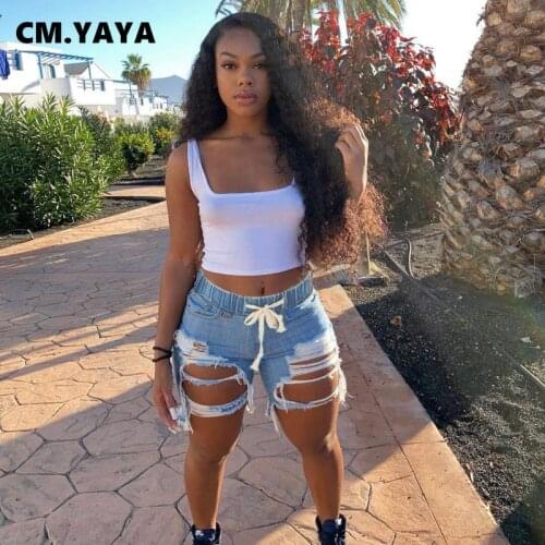 CM.YAYA Women Jeans Solid Distressed Ripped Hole Straight Drawstring Waist Denim Shorts Fashion Casual High Streetwear Summer