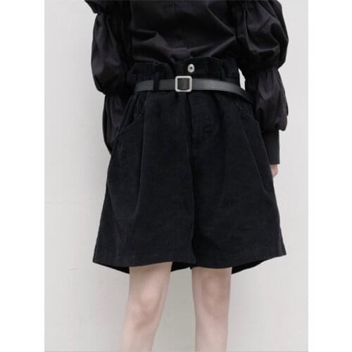 Summer new ladies solid color velvet belt design loose pocket simple shorts irregular corduroy shorts