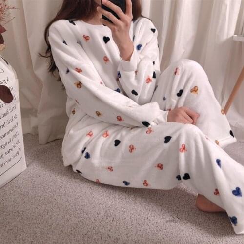Winter Flannel Pajama Set Womens Flannel Love Pajamas Thick Warm Nightgown Suit Lounge Wear Round Neck Full Length Sleepwear