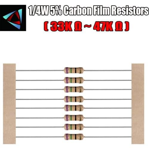 100Pcs 1/4W 5% Carbon Film Resistor 33K 36K 39K 43K 47K ohm