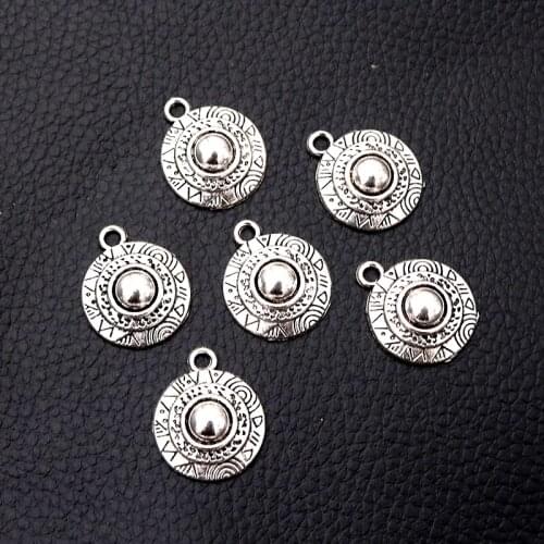 12pcs/lot Silver Plated Vintage Round Shield Charm Metal Pendants DIY Necklaces Bracelets Jewelry Handicraft Accessories 25*12mm