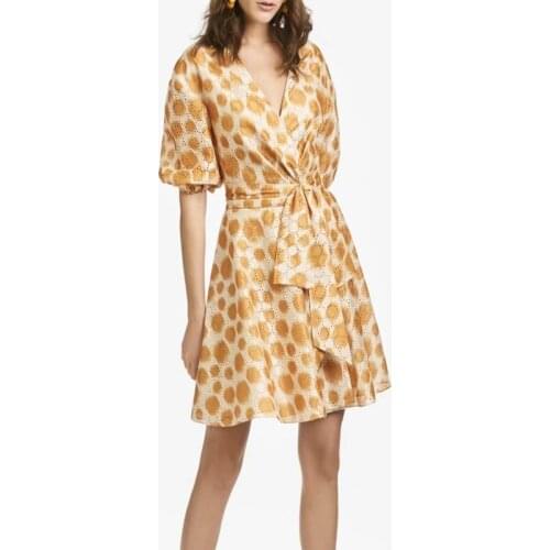 2021 Summer Fashion Sexy Mini Dress Hollow Out Belt Vintage Women Runway Yellow High Quality Dresses