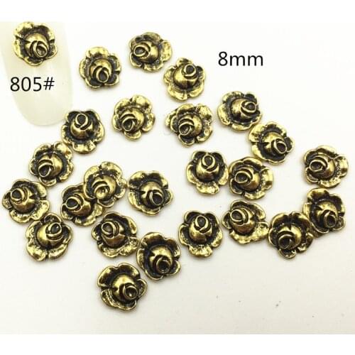 50pcs/pack Japan Korea Alloy Nail Art 6mm 8mm Retro Gold Silver Rose Flower Metal Accessories for Phototherapy Nail Sticker DIY