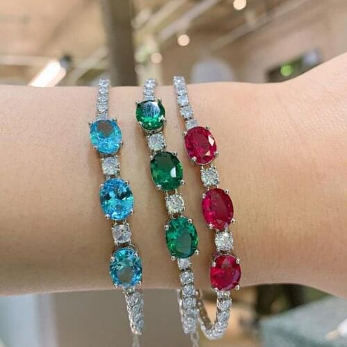2021 New 925 Sterling Silver 7*9mm Aquamarine Stone Emerald Ruby Lab Diamond Strand Bracelet For Women Party Fine Jewelry Gift