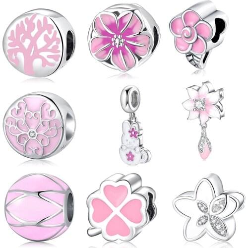 New 925 Sterling Silver Pink and White Enamel Flowers Beads Fit Charm European Bracelet Necklace Pendant Elegant Jewelry Gift