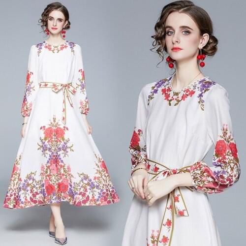 Flower Floral Print Long Maxi Dress Bandage Dresses White Fashion Boho Party Dress Temperament Vacation Bohemian Sashes Dress