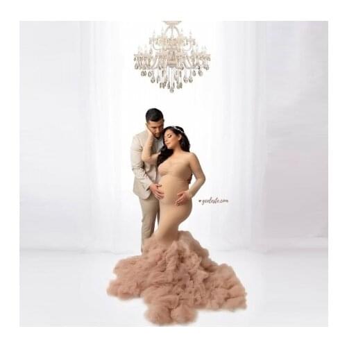 Elegant Mermaid Pregnancy Photography Dresses Strapless Extra Puffy Tulle Maternity Dressing Gowns Stretchy Plus Size