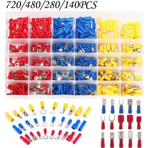 140/480/720Pcs Insulated Cable Connector Electrical Wire Assorted Crimp Spade Butt Ring Fork Set Ring Lugs Rolled Terminals Kit