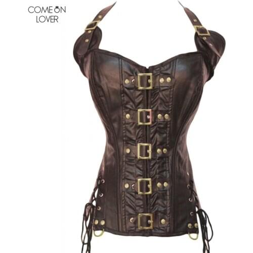 Comeonlover Buckle Steampunk Corset Faux Leather Burvogue Body Shaper Halter Punk Gothic Corselet Costume Sexy Bustier AT2225