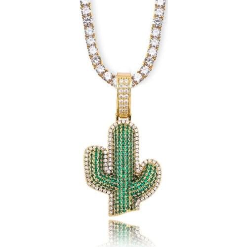Iced Out Cactus Pendant Necklace Newest AAA Green Cubic Zirconia Mens Charms Fashion Plant Hip Hop Jewelry Tennis chain Bling