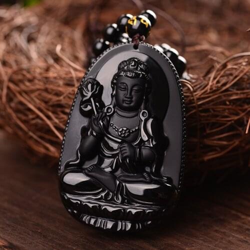 Mahasthamaprapta Bodhisattva Necklace Pendants Jewelry Black Obsidian Carved Buddha Lucky Amulet Pendant Necklace For Women Men