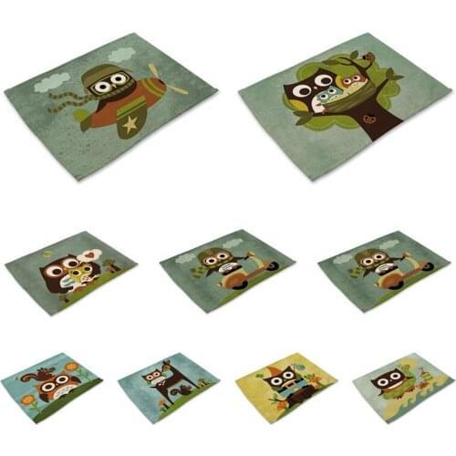 Cartoon Owl Pattern Placemat Cute Dining Table Mat Cotton Linen Drink Coasters Western Pad Bowl Cup Mat