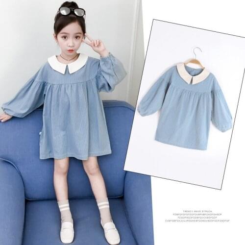 Freeship Fancy Kids Girls Vertical Stripe Dresses Lantern Sleeves Peter Pan Collar Long Sleeve Loose Blouse Dress For Girls 4-13