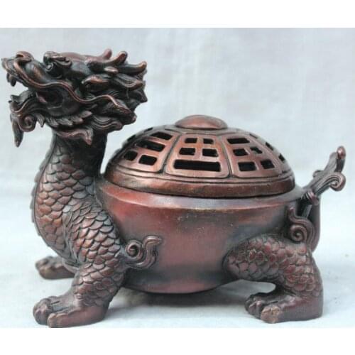 Details about 8" Chinese Asian Bronze Fu Dragon Tortoise Turtle Statue Incense Burner Censer W
