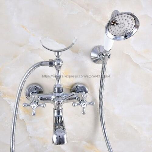 Polished Chrome Bathtub Faucet Wall Mount Handheld Bath Tub Mixer System with Handshower Telephone Style Nna716