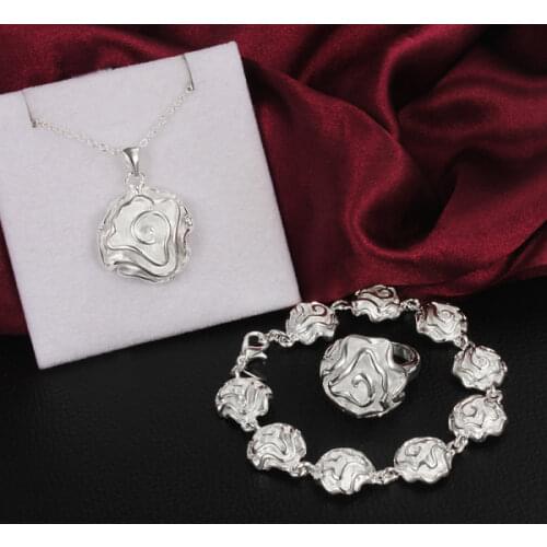 Popular brands fine rose flower 925 sterling Silver rings Bracelets necklaces Jewelry set for women fashion Party wedding gifts