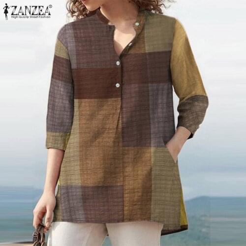 ZANZEA Elegant Shirt Women Plaid Checked Blouse Summer 3/4 Sleeve Vintage Tunic Tops Female OL Work Blusas Casual Chemise S-5XL
