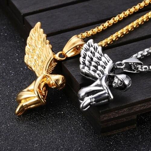 Vintage Greek Mythology Angel Pendant Necklace For Men Women Punk Fashion Stainless Steel Angel Necklace Chain Hip Hop Jewelry
