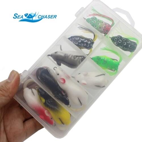 High Quality 10pcs 10 colors Topwater Frog and Mouse Hollow Body Soft Fishing Lures Bass Hooks Baits Tackle Set and Tackle Box
