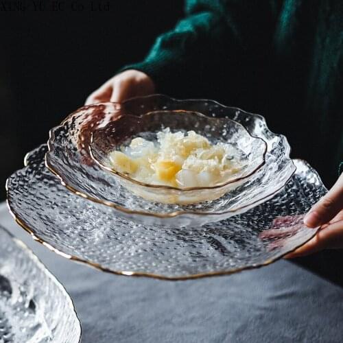 Golden Edge Hammer Pattern Japanese Round Glass Dessert Salad Bowl Fruit Plate Transparent Breakfast Home Nordic Fruit Bowl