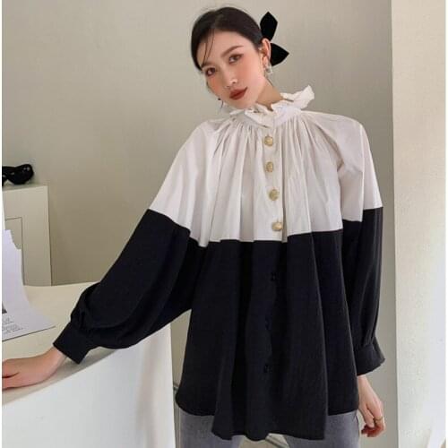 Women Ruffles Black Big Size Blouse Stand Neck Long Sleeve Loose Fit Lady Shirt Fashion Tide Summer 2021 New Z386