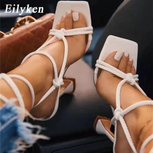 Eilyken 2021 Summer Narrow Band Ankle Strap Womens High Heels Strappy Sandals Square Head Female Strange Style Women Shoes
