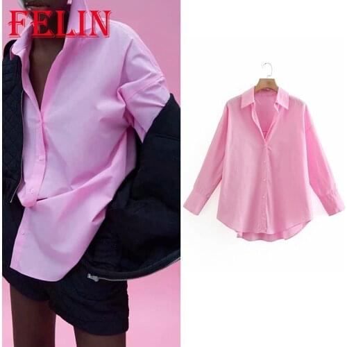 Women Pink Shirts Overszied Za Fashion 2021 V Neck Casual Blouses Long Sleeve Mujer Tops Streetwear Cool Long Shirts