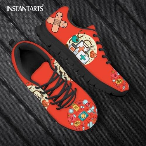 INSTANTARTS Cute Red Orange Nurse Casual Flat Shoes Health Careful Design Women Breathable Mesh Running Sneaker Lace-up Footwear