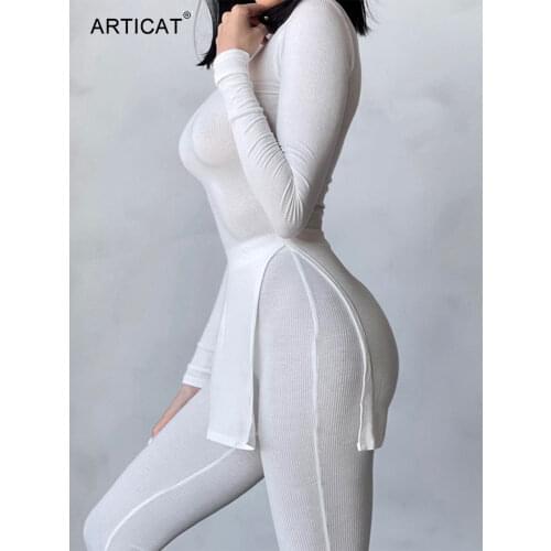 Articat Rib Knitted Casual Solid Two Pieces Sets Women Long Sleeve Sided Split T Shirt Long Pants Outfits Slim Tracksuit Female