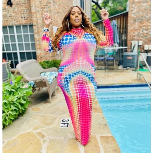 XL-5XL Tie Dye Print Plus Size Maxi Dress Women Sexy Long Sleeve Bandage Boho Dresses Vintage Robe Femme Elegant Clothing