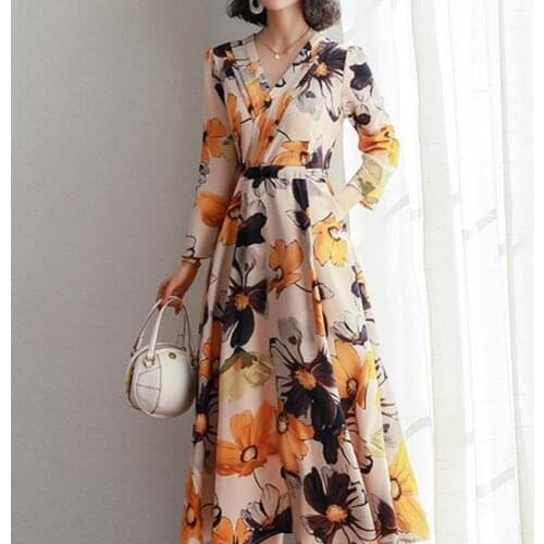 Timis Li New Spring Fashion Slim A-Line Dress Women Casual Floral Printed V-Neck Long Sleeve Dress Elegant Plus size Long Dress